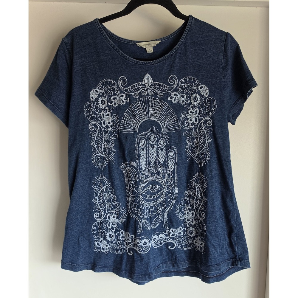 Lucky Lotus Women T-Shirt Size L Blue Hamsa Hand Embroidery Cotton Boho Tee